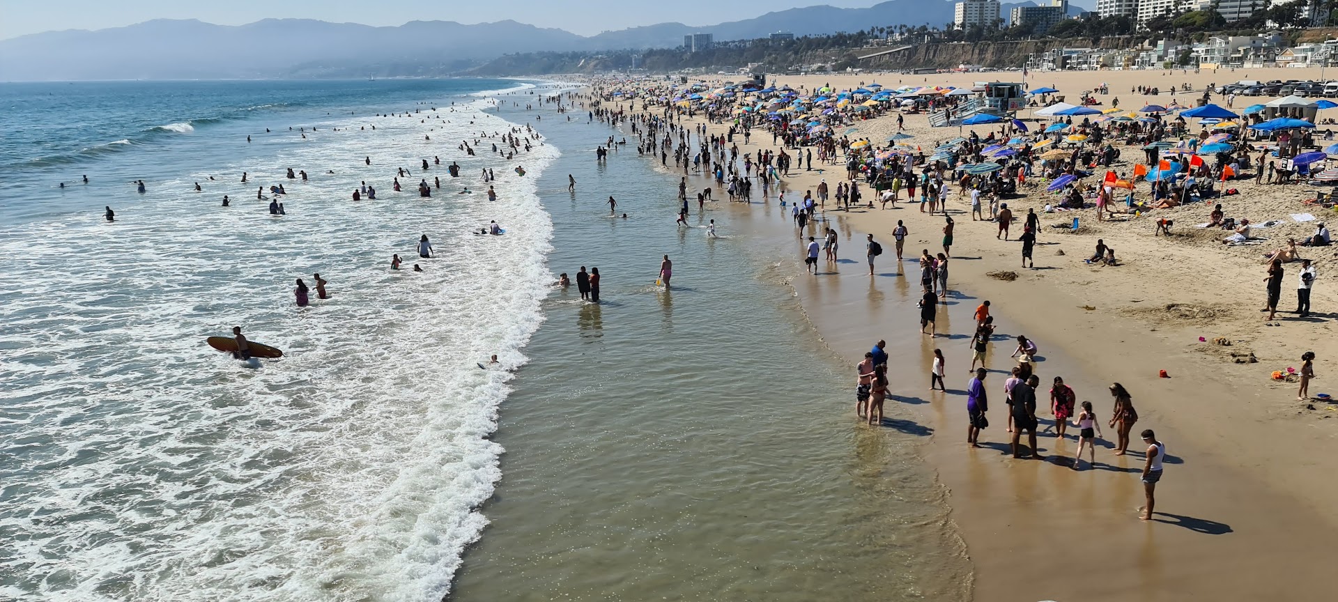 A packed day in summer at Santa Monica beach, California